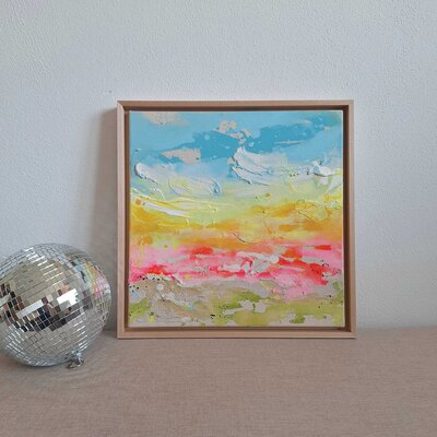 Das Acrylbild Sunset Confetti im Schattenfugenrahmen. Ein Werk voller Lebensfreude, Bewegung und Festivalenergie.