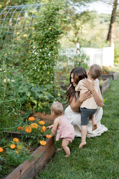 family of four looking at each other