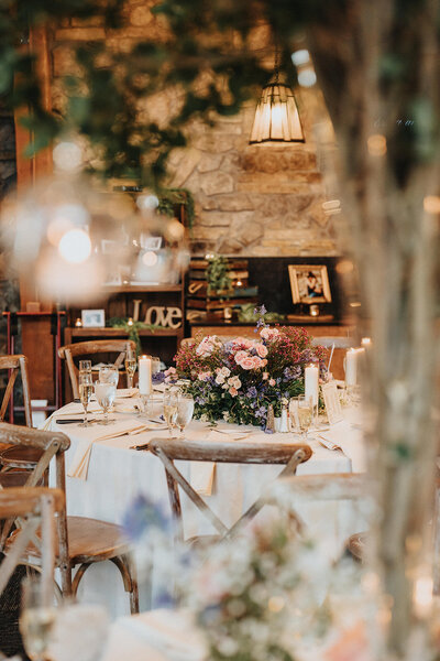 Decorated wedding reception table at Mountain Creek Resort