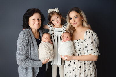 mother, grandmother and three children family portraits, ontario newborn photogrpahy