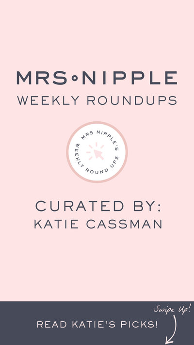 Mrs. Nipple Weekly Roundups Instagram story template with pink background, center circular stamp graphic and  swipe up arrow graphic
