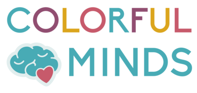 Playful logo with each letter in the word "Colorful" a different bright color and then the word "Minds" in blue next to a simple brain icon