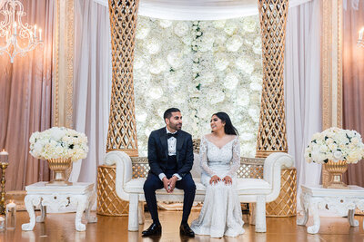 luxury wedding decor and flowers, bride and groom at the elegant reception