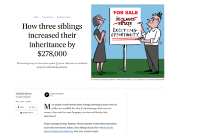 Screenshot of an Australian Financial Review titled "how three siblings increased their inheritance by $278,000" featuring Kristen Jackson and Wealth House