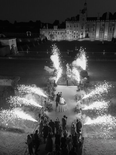 A dazzling sparkler send off for a British home wedding.