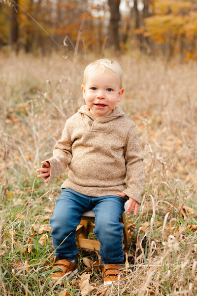 Toddler sitting in a fall field surrounded by tall grass.