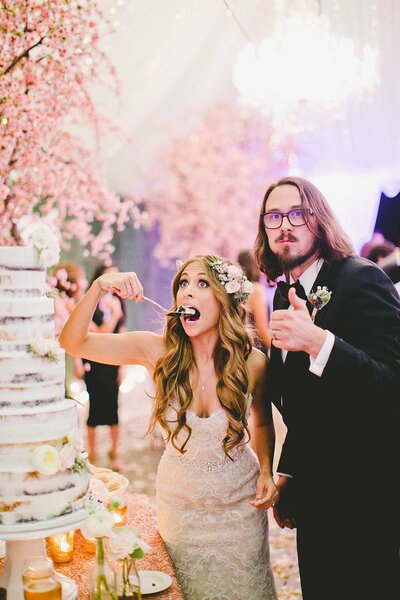 Malibu Wedding Reception bride and groom cutting the cake