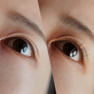 The top part of the image is the before photo of a woman's eye and the bottom part of the image is the after image of a lash lift done by Brittney at Syked about Beauty