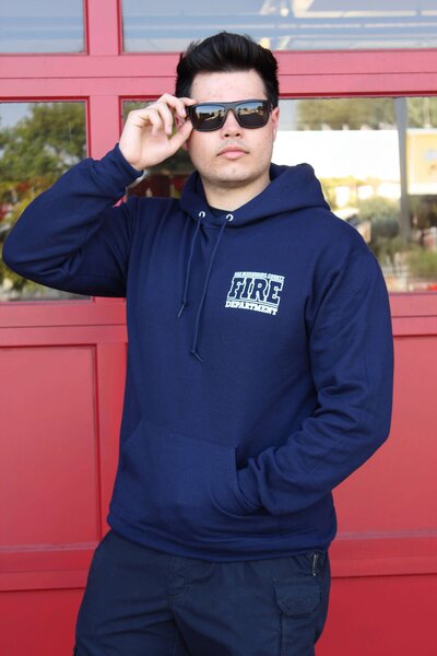 Screen printed firefighter hoodie with department logo