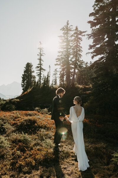 Elopement couple ceremony with mountain view in the summer