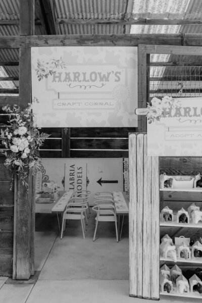 Black and white image of party signage at a pony themed party planned by Fancy Chancey in San Diego CA