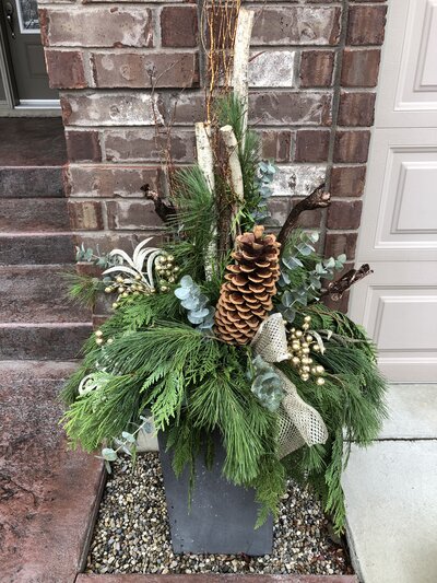 Custom seasonal planter with greenery and pinecones by Helena's Gardening