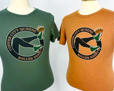 Copper City Queens logo of legs wearing roller skates holding a crown with one skate