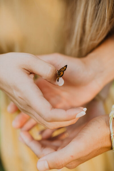 Butterfly sitting on woman's thumb