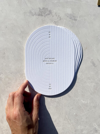 oval modern elegant save the date card invitations printed by letterpress
