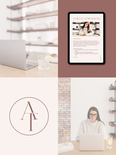 Four-part brand display featuring the circular AT monogram in Slate Rosewood on Porcelain Blush, lifestyle photos of Amelia at her laptop, and a clean glass of water on a wooden desk—projecting focus, elegance, and grounded expertise.