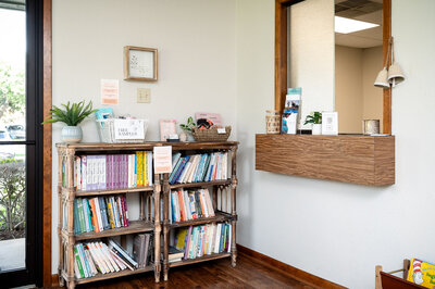 lobby and lending library in the birth center