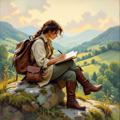 Girl sitting on a cliff writing in a book