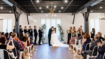 Chic black-and-white reception decor at The Lift, with versatile color accents.