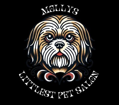 Logo for Molly's Littlest Pet Salon featuring a dog and the business name

