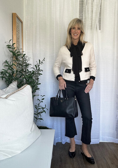 Black and Cream Top with Gold Button Detail