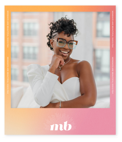 pink and orange gradient polaroid of chicago photographer nabu or mondays are beautiful, she wears a white suit with her hand under her chin