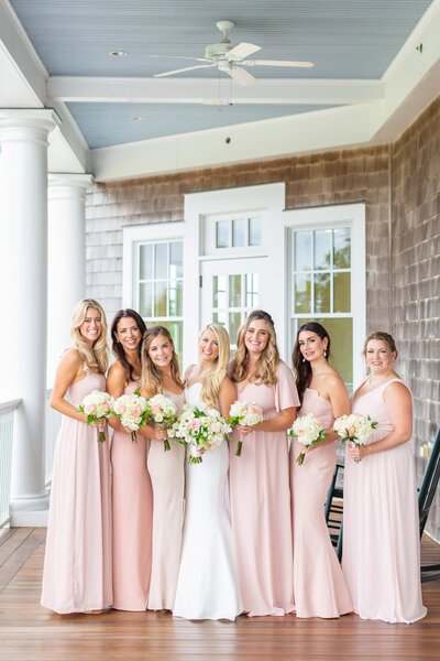 wedding party in pink dresses in Rhode Island