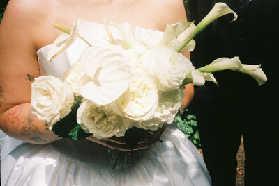 A close up of a bride's bouquet shot on 35mm film.