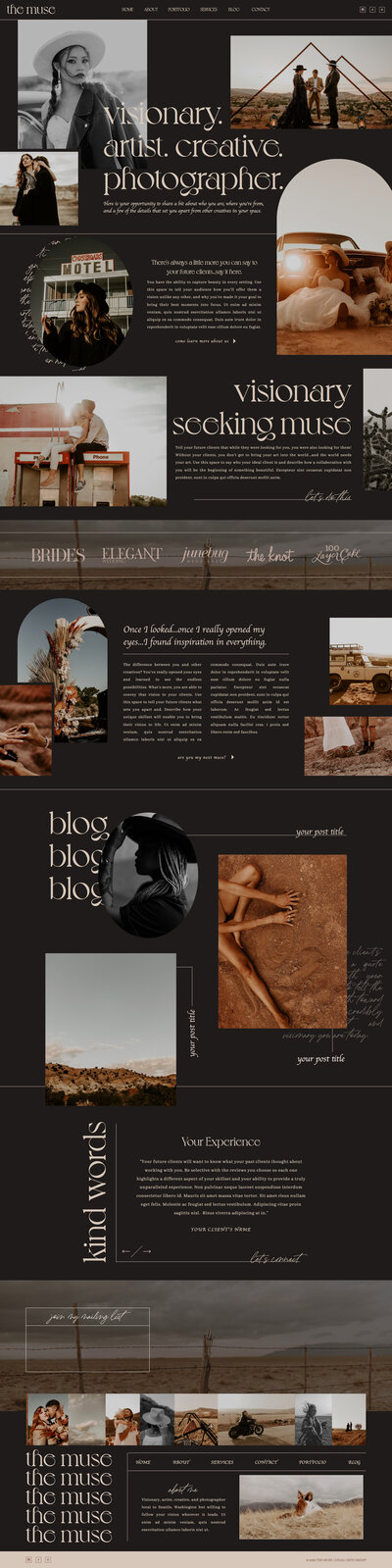 the muse website in a dark color palette