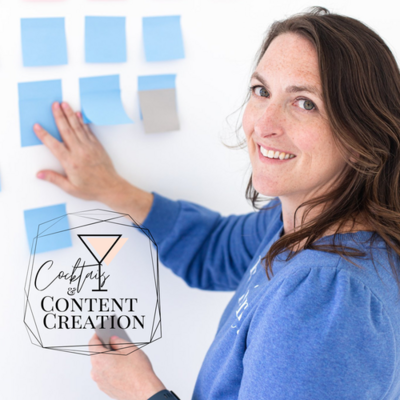 photo of the content creation event with the social media strategist as the background of the cover. in her hand is a light blue sticky note and she is dressed in a blue coat