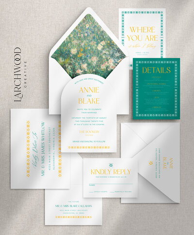 The Margaux 5-piece semi-custom wedding invitations suite — a yellow and teal Art Deco design featuring an arched invitation.