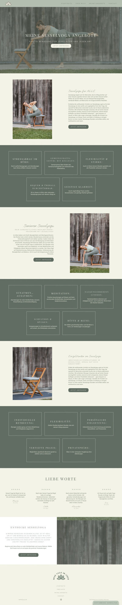 Mockup einer Website für Yogalehrerin Birgit, naturverbunden und mit Fokus auf Sesselyoga gestaltet