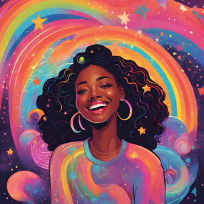 Smiling woman in space with rainbows