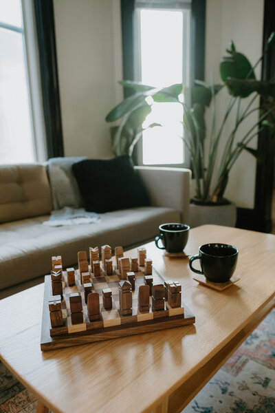 Coffee bar and plant in cabin.
