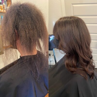Before and after hair extensions example showing short dark, thinning hair transformed to full, long hair.