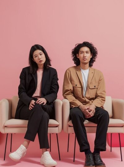 Couple sitting apart with neutral expressions against a pink background, representing emotional distance, disconnection, and the warning signs of an unhealthy relationship explored in the blog post “What Are the Signs of a Bad Relationship?” by Relationship experts in Florida.