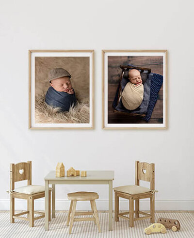 Framed photos of swaddled baby boy.