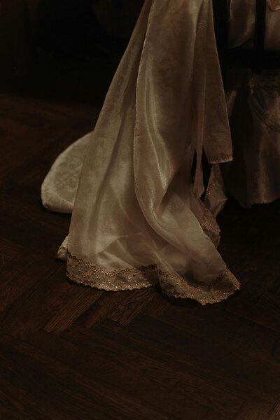 The draping of a wedding dress representing the artistic vision and creativity of bridal show vendors at The Crush Collective.