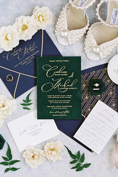 Luxury gold foil wedding and green velvet wedding invitations for a wedding at the Don Cesar.