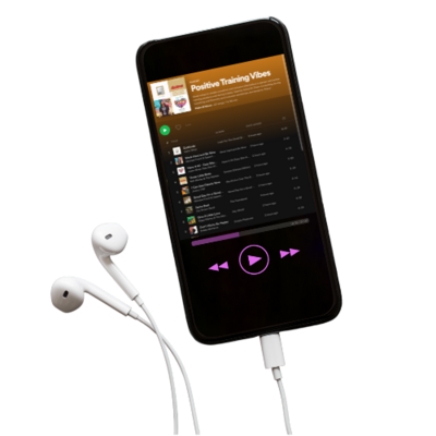 Ki phone and headphone mockup of isha's Positive Training Vibes Spotify playlist