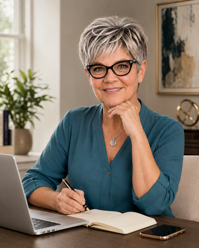 Katrena Waites taking thoughtful notes in a cozy home office