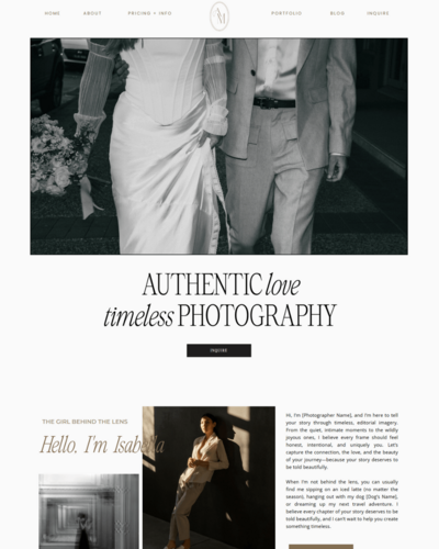 Isabella Showit website template for photographers featuring an elegant, editorial layout—perfect for wedding, portrait, or lifestyle photography portfolios.