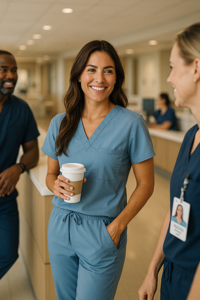 A brunette woman in scrubs smiles while holding a coffee cup and chatting with fellow nurses on break