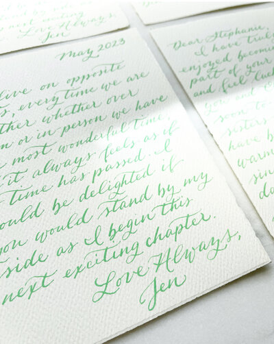 Wedding party thank you notes on handmade paper with green ink calligraphy