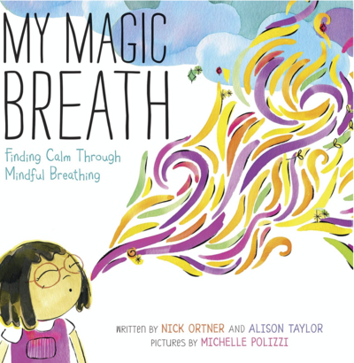 book cover with white background and small girl breathing out a deep breath