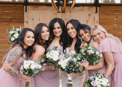 Bridesmaids in blush gowns