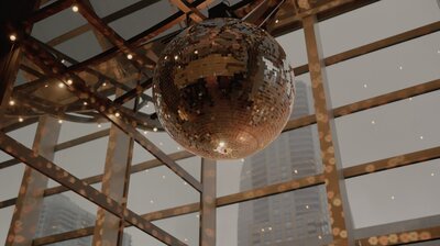 disco ball hanging in front of window with a city skyline
