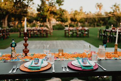 colorful wedding reception design for tablescapes