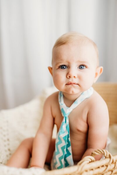 one year old looking at camera during first birthday photos. he wears a tie and sits in a basket