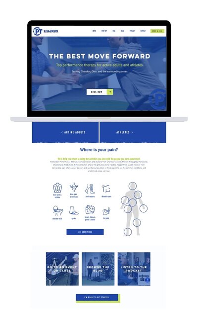 Mock-up of Chardon Performance Therapy's website on a computer, displaying a clean, professional design for a physical therapy practice.